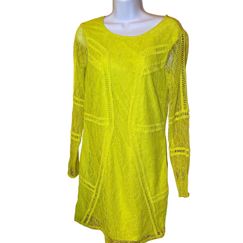 HM Lime Green Lace Mini Dress Sheer Back Long Sleeve Neon Size 4